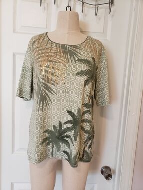 Women’s Olive Green Palm-Print Short Sleeve Top Size XL